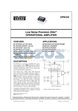 OPA124PB datasheet - Low Noise Precision Difet  OPERATIONAL AMPLIFIER