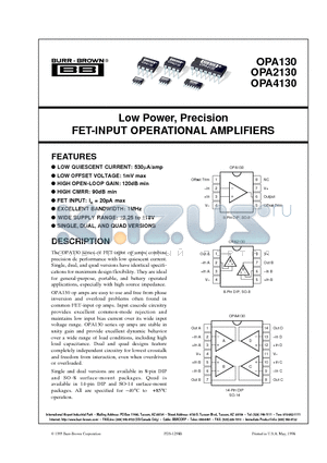 OPA130PA datasheet - Low Power, Precision FET-INPUT OPERATIONAL AMPLIFIERS