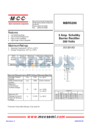 MBR5200 datasheet - 5 Amp Schottky Barrier Rectifier 200 Volts