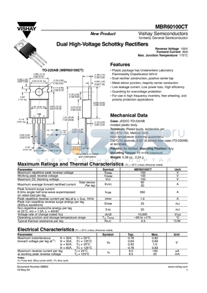 MBR60100CT datasheet - Dual High-Voltage Schottky Rectifiers
