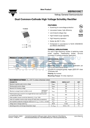MBR60100CT-E3/45 datasheet - Dual Common-Cathode High Voltage Schottky Rectifier