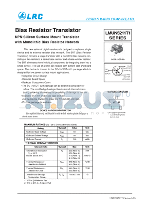 LMUN5211T1G datasheet - Bias Resistor Transistor NPN Silicon Surface Mount Transistor with Monolithic Bias Resistor Network