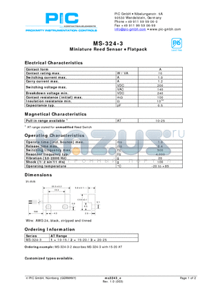 MS-324-3-3 datasheet - Miniature Reed Sensor - Flatpack