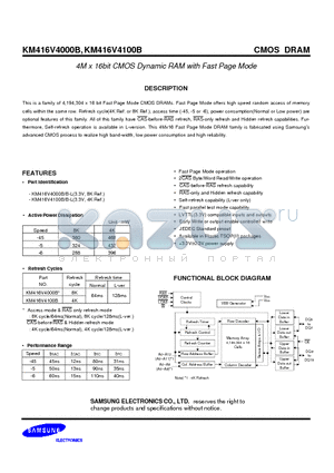 KM416V4000B datasheet - 4M x 16bit CMOS Dynamic RAM with Fast Page Mode