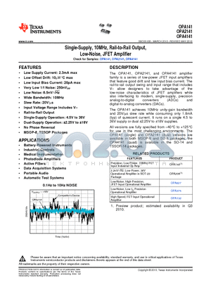 OPA141 datasheet - Single-Supply, 10MHz, Rail-to-Rail Output, Low-Noise, JFET Amplifier