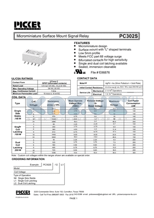 PC302S datasheet - Microminiature Surface Mount Signal Relay