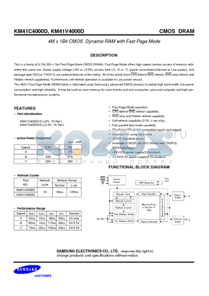 KM41V4000D datasheet - 4M x 1Bit CMOS Dynamic RAM with Fast Page Mode