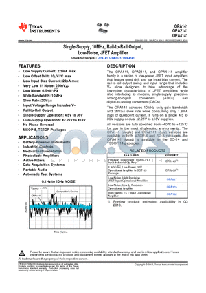 OPA141AID datasheet - Single-Supply, 10MHz, Rail-to-Rail Output,Low-Noise, JFET Amplifier