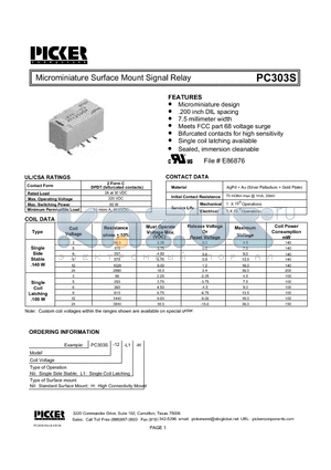 PC303S-12 datasheet - Microminiature Surface Mount Signal Relay