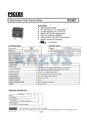 PC307-12A datasheet - Ultraminiature PCB Telecom Relay