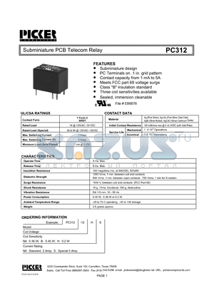 PC312 datasheet - Subminiature PCB Telecom Relay