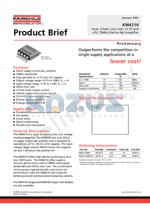 KM4210 datasheet - Dual, 0.5mA, Low Cost, 2.7V and %V, 75MHz Rail-to-Rail Amplifier