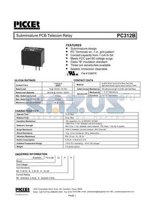 PC312B datasheet - Subminiature PCB Telecom Relay