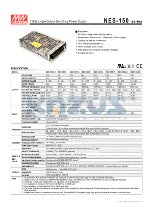 NES-150-12 datasheet - 150W Single Output Switching Power Supply