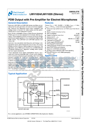 LMV1026URX datasheet - PDM Output with Pre-Amplifier for Electret Microphones