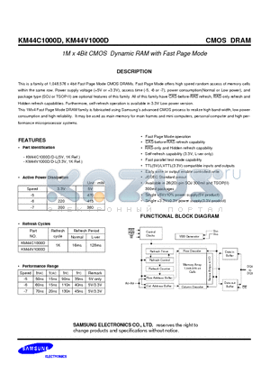 KM44V1000D datasheet - 1M x 4Bit CMOS Dynamic RAM with Fast Page Mode