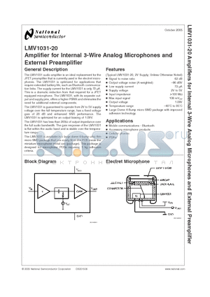 LMV1031UR-20 datasheet - Amplifier for Internal 3-Wire Analog Microphones and External Preamplifier