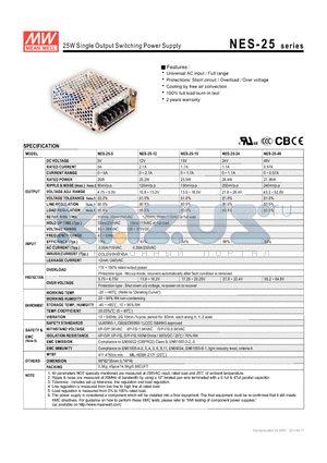 NES-25-12 datasheet - 25W Single Output Switching Power Supply