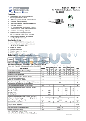 MBR7150 datasheet - 7.5 AMPS. Schottky Barrier Rectifiers Low power loss, high efficiency