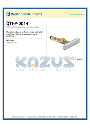 QTHP-0014 datasheet - HPGV, XHGV fine adjust vernier piston assembly, brass