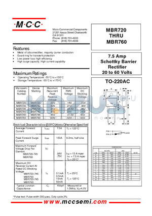 MBR720 datasheet - 7.5 Amp Schottky Barrier Rectifier 20 to 60 Volts