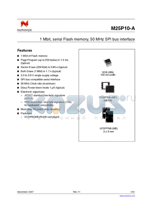 M25P10-A datasheet - 1 Mbit, serial Flash memory, 50 MHz SPI bus interface