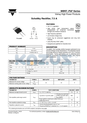 MBR735PBF datasheet - Schottky Rectifier, 7.5 A