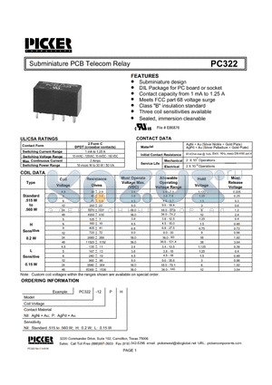 PC322-12PL datasheet - Subminiature PCB Telecom Relay