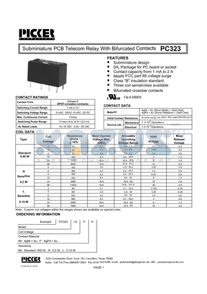 PC323 datasheet - Subminiature PCB Telecom Relay With Bifurcated Contacts