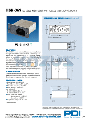 HGN-369-2M datasheet - IEC 60320 INLET SOCKET WITH VOLTAGE SELECT, FLANGE MOUNT