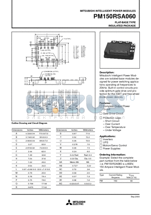 PM150RSA060 datasheet - INTELLIGENT POWER MODULES FLAT-BASE TYPE INSULATED PACKAGE