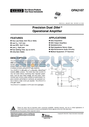 OPA2107 datasheet - Precision Dual Difet Operational Amplifier