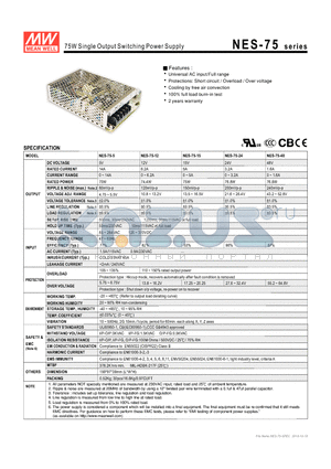 NES-75-12 datasheet - 75W Single Output Switching Power Supply