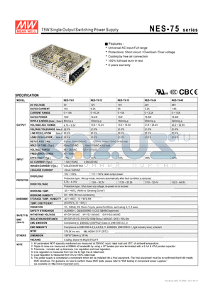 NES-75-12 datasheet - 75W Single Output Switching Power Supply