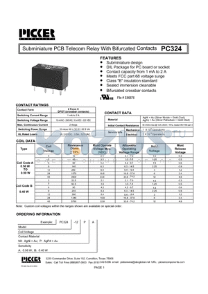 PC324-12RA datasheet - Subminiature PCB Telecom Relay With Bifurcated Contacts