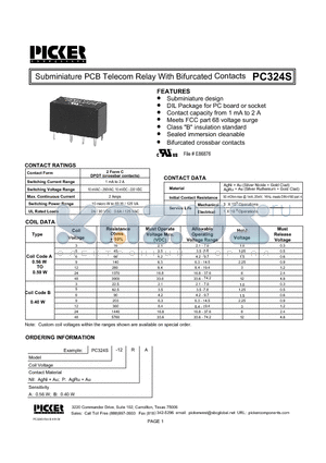 PC324S datasheet - Subminiature PCB Telecom Relay With Bifurcated Contacts