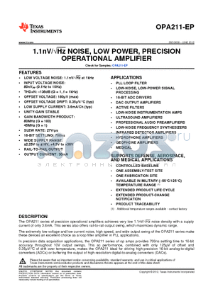 OPA211MDGKTEP datasheet - 1.1nV/Hz NOISE, LOW POWER, PRECISION OPERATIONAL AMPLIFIER