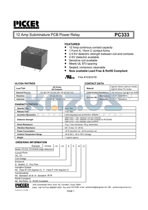 PC3331A-12SFH datasheet - 12 Amp Subminature PCB Power Relay