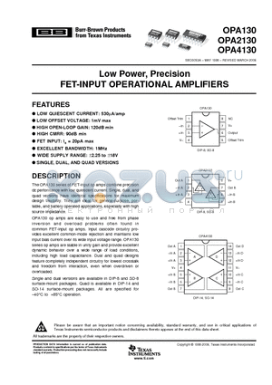 OPA2130 datasheet - Low Power, Precision FET-INPUT OPERATIONAL AMPLIFIERS