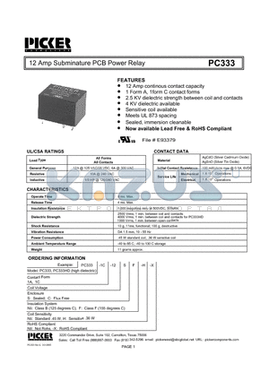 PC3331C-12CHX datasheet - 12 Amp Subminature PCB Power Relay