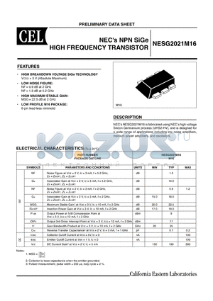 NESG2021M16 datasheet - NECs NPN SiGe HIGH FREQUENCY TRANSISTOR