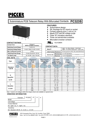 PC323S-12PL datasheet - Subminiature PCB Telecom Relay With Bifurcated Contacts