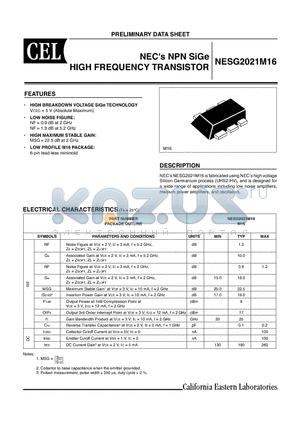 NESG2021M16-T3-A datasheet - NECs NPN SiGe HIGH FREQUENCY TRANSISTOR