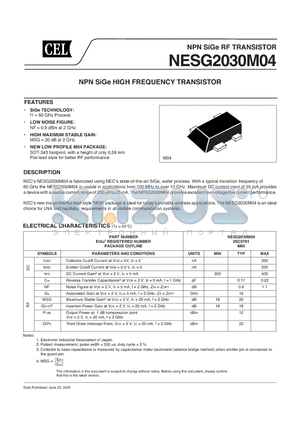 NESG2030M04 datasheet - NPN SiGe HIGH FREQUENCY TRANSISTOR