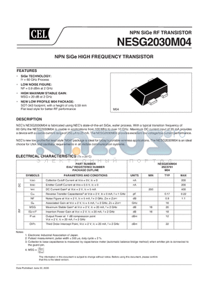 NESG2030M04-T2 datasheet - NPN SiGe HIGH FREQUENCY TRANSISTOR