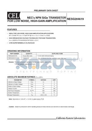 NESG204619 datasheet - NECs NPN SiGe TRANSISTOR FOR LOW NOISE, HIGH-GAIN AMPLIFICATION