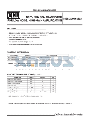 NESG2046M33-T3-A datasheet - NECs NPN SiGe TRANSISTOR FOR LOW NOISE, HIGH -GAIN AMPLIFICATION