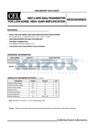 NESG2046M33-T3-A datasheet - NPN SiGe TRANSISTOR FOR LOW NOISE, HIGH -GAIN AMPLIFICATION