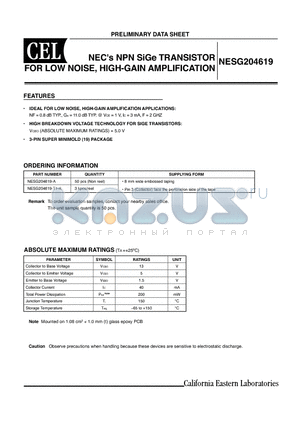 NESG204619-T1-A datasheet - NPN SiGe TRANSISTOR FOR LOW NOISE, HIGH-GAIN AMPLIFICATION