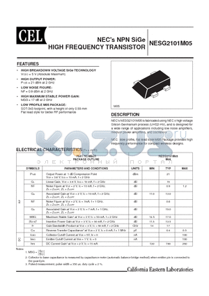 NESG2101M05 datasheet - NECs NPN SiGe HIGH FREQUENCY TRAN SIS TOR